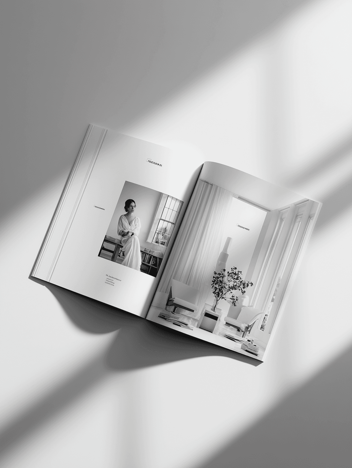 An open magazine spread with a portrait and a photo of a modern living room
