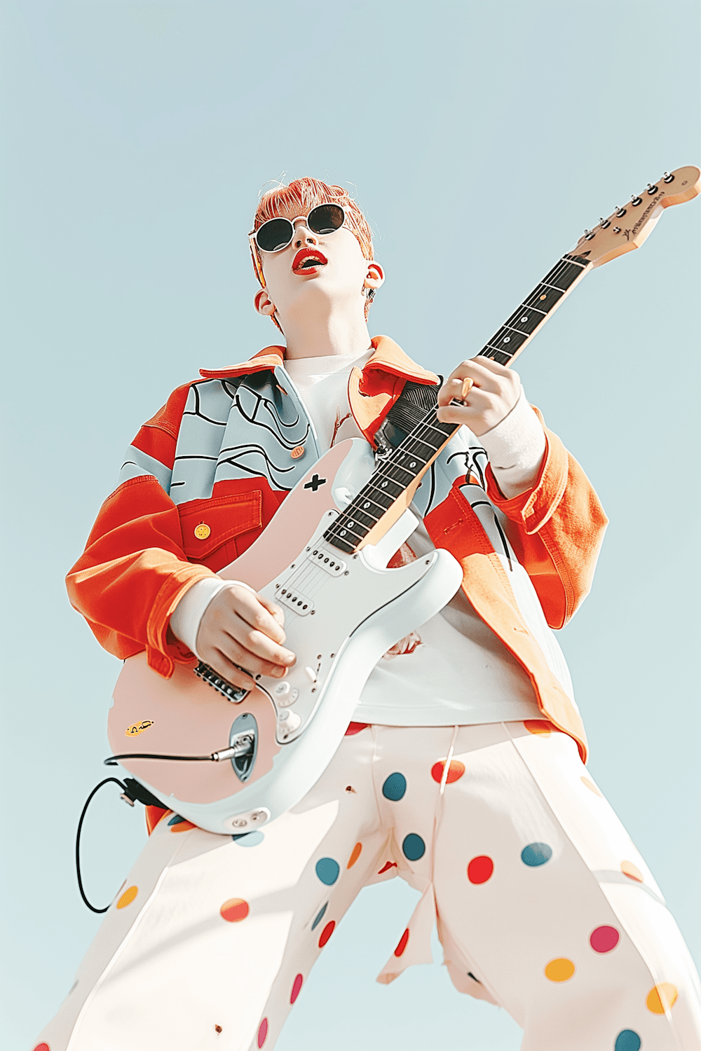 A guitarist with orange hair playing a pink guitar against a blue sky