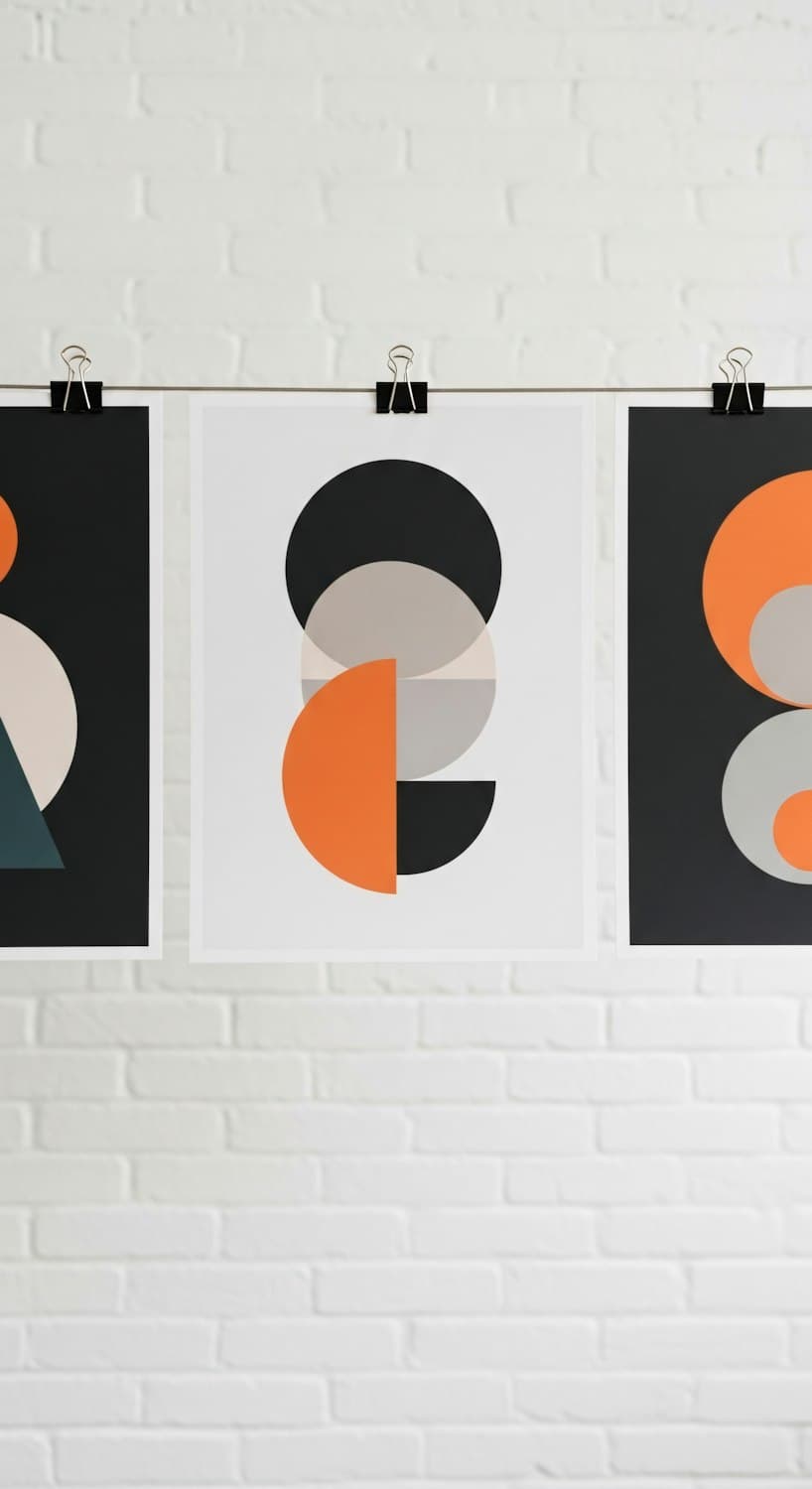 A series of geometric posters in black, orange and grey clipped to a white brick wall