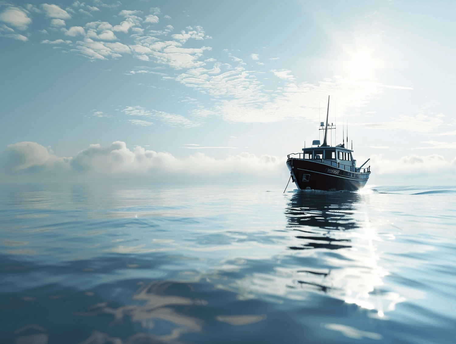 A small fishing boat on calm open water under a clear sky