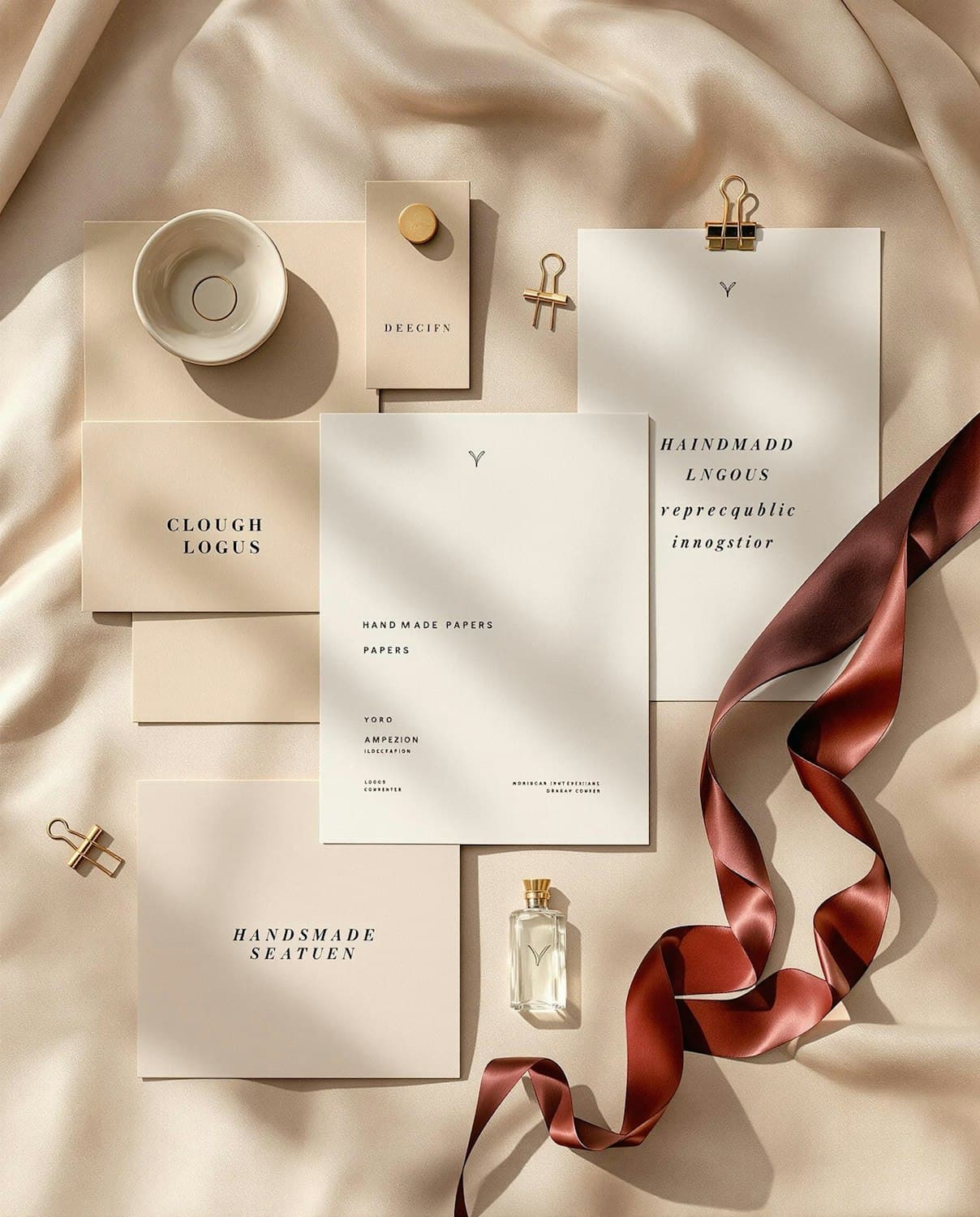 Salt & Ember stationery, a fragrance bottle and a burgundy ribbon laid out on satin